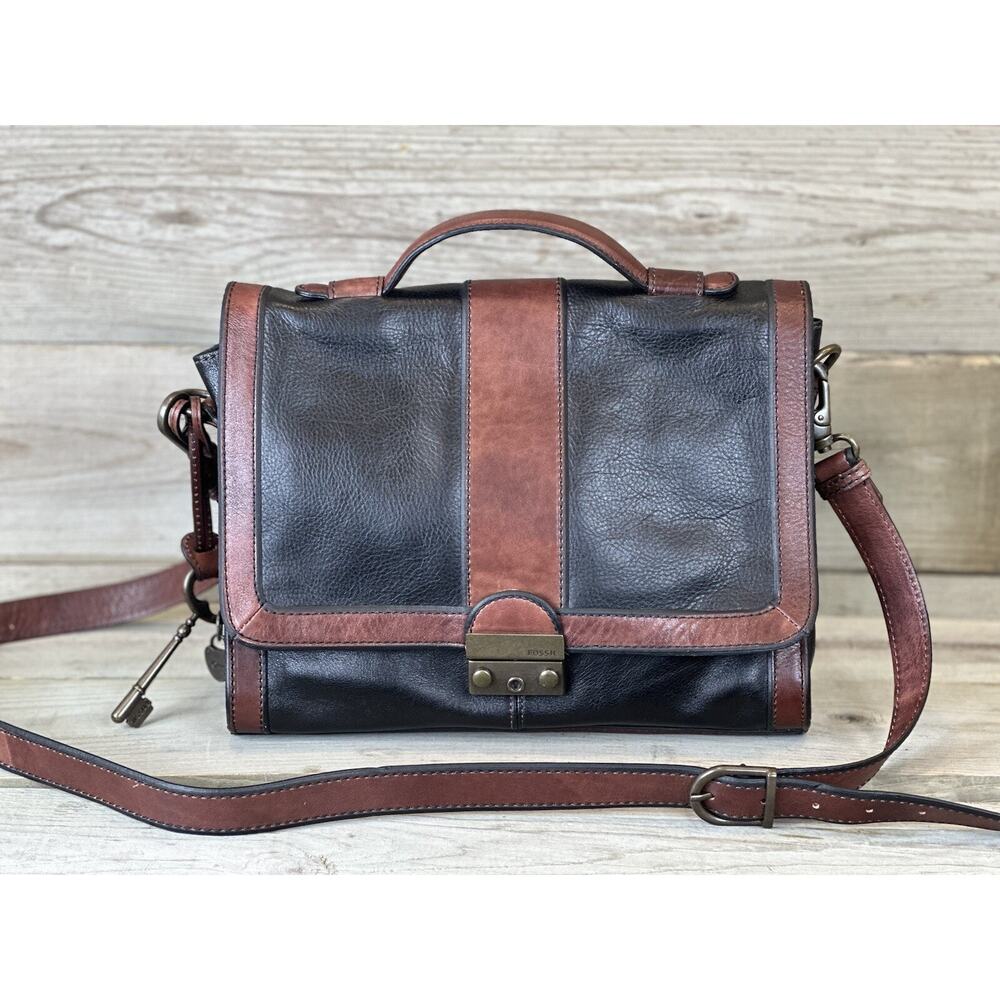 FOSSIL Vintage Reissue Crossbody Messenger Flap Bag Whiskey Brown and Black